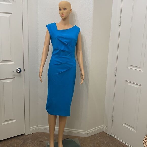 MUXXN Large Turquoise Blue  Asymmetrical Short Sleeve Midi Dress NEW SLIMMING - Picture 2 of 14